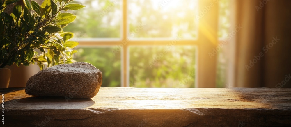 Poster sunlight streaming through a window illuminating a stone desktop with a warm atmosphere and a natura