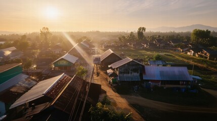 Fototapeta premium Sunrise over the Village: An aerial view captures a tranquil village bathed in the golden light of sunrise. The mist-shrouded landscape and rustic houses create a serene and picturesque scene.