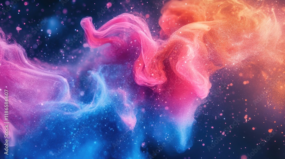 Poster colorful abstract fluid art with dynamic swirls and gradients in a cosmic background