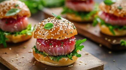 Tuna mini burgers garnished with sesame seeds and fresh greens served on a wooden board against a blurred background