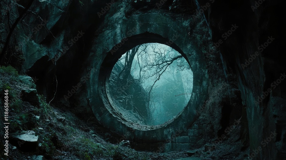 Aufkleber mysterious circular tunnel in a dark forest creating an eerie atmosphere surrounded by trees and roc