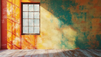 vintage window against a vibrant textured wall showcasing warm colors and natural light reflections in a cozy interior setting