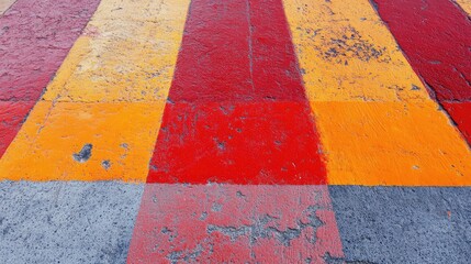 Naklejka premium Colorful Textured Stripes in Red Orange and Yellow on Pavement Surface Urban Art Background