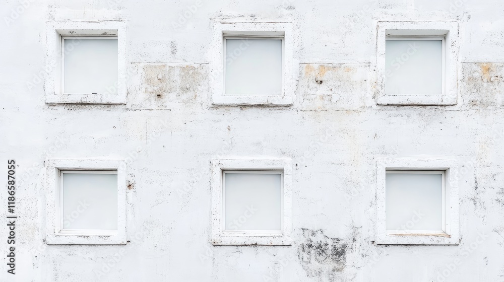 Poster Aerial view of a textured white wall featuring empty window frames ideal for architecture and construction backgrounds or advertisements