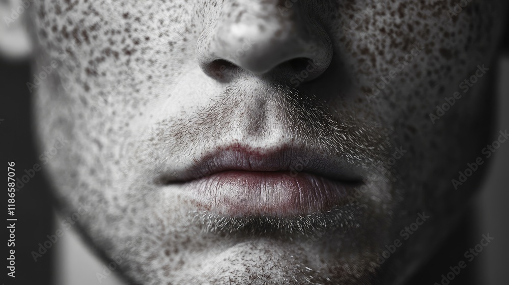 Poster Close up of a man's face with freckles and distinctive lips capturing emotional depth through striking black and white photography.