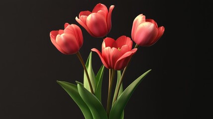 Fototapeta premium Vibrant red tulips with lush green leaves elegantly displayed against a dark background showcasing their beauty and charm.