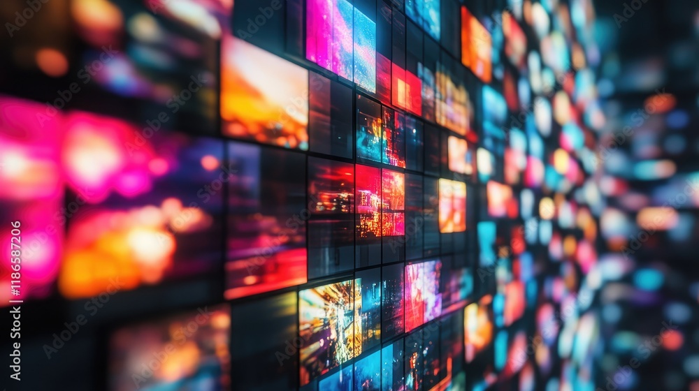 Aufkleber Dynamic media wall showcasing an array of vibrant video streams and photographs in infinite cube design for striking visual impact