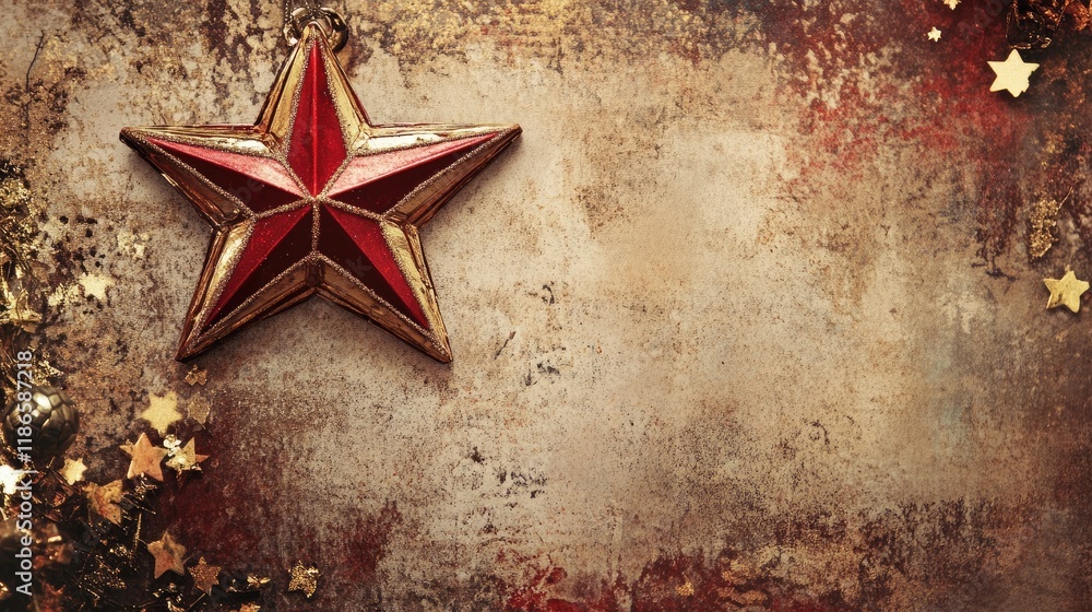 Poster vintage star ornament on a textured background with holiday decorations creating a festive atmospher