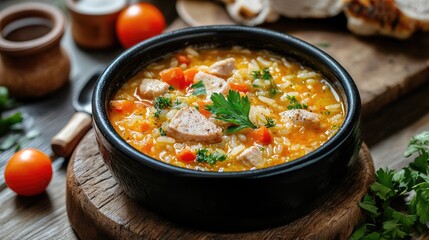 Delicious turkey and rice stew prepared with leftover ingredients garnished with fresh herbs in a rustic bowl on a wooden table