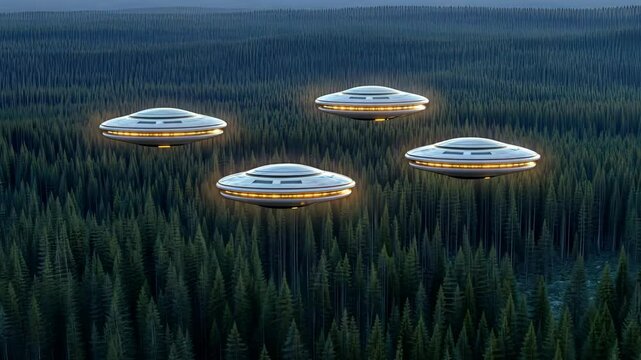 Discover an unusual sight as four saucer-shaped crafts silently navigate through a vast forest, illuminated against the dusk sky