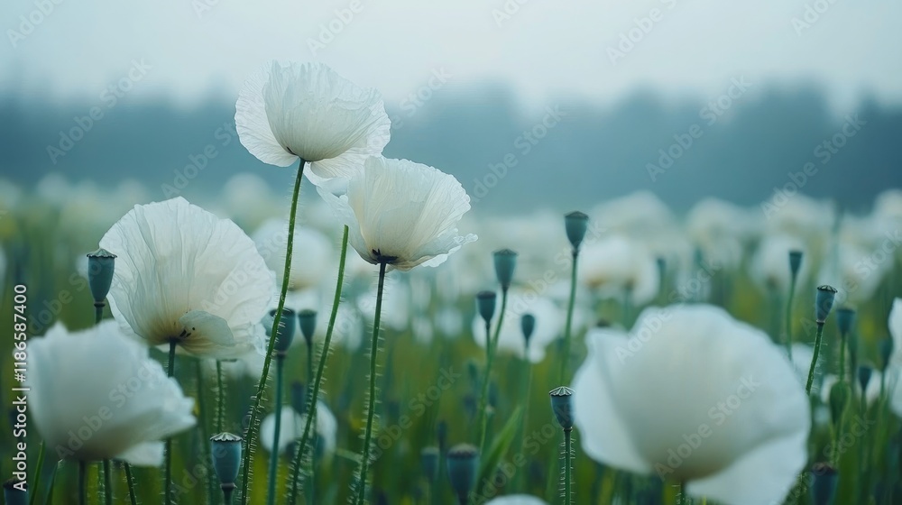 Poster white spring poppy flowers in a dreamy blurred meadow with a light turquoise backdrop creating an ab