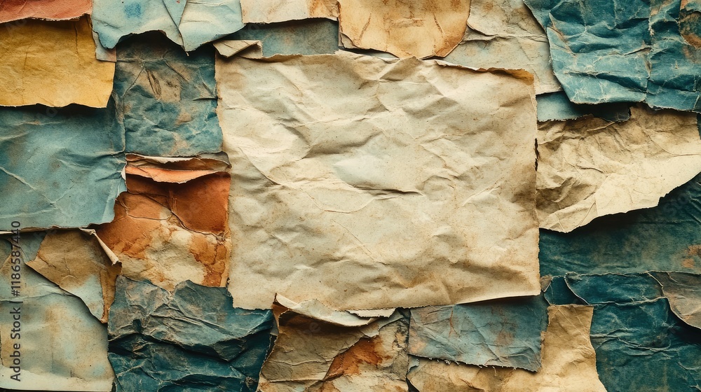 Poster textured vintage paper collage background with grunge elements and varied tones for artistic and des