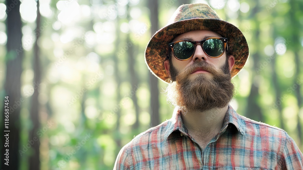 Poster cool hipster with sunglasses and beard standing confidently in a serene forest setting with soft nat