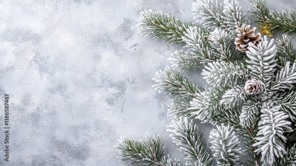 Poster winter christmas background with frosted pine branches pinecones and soft snowy texture for festive 