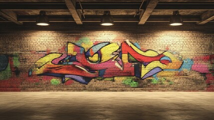 Vibrant Graffiti Art on Grunge Brick Wall with Industrial Lighting in Urban Display Space