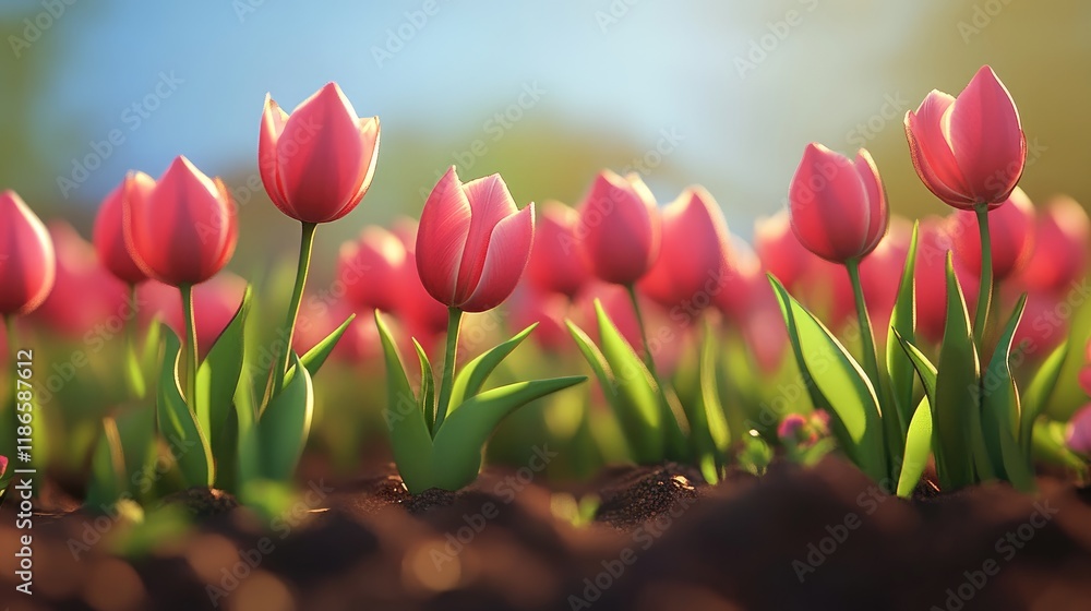 Poster Springtime tulip flowers in vibrant bloom creating a colorful garden landscape under soft sunlight with blurred background elements.