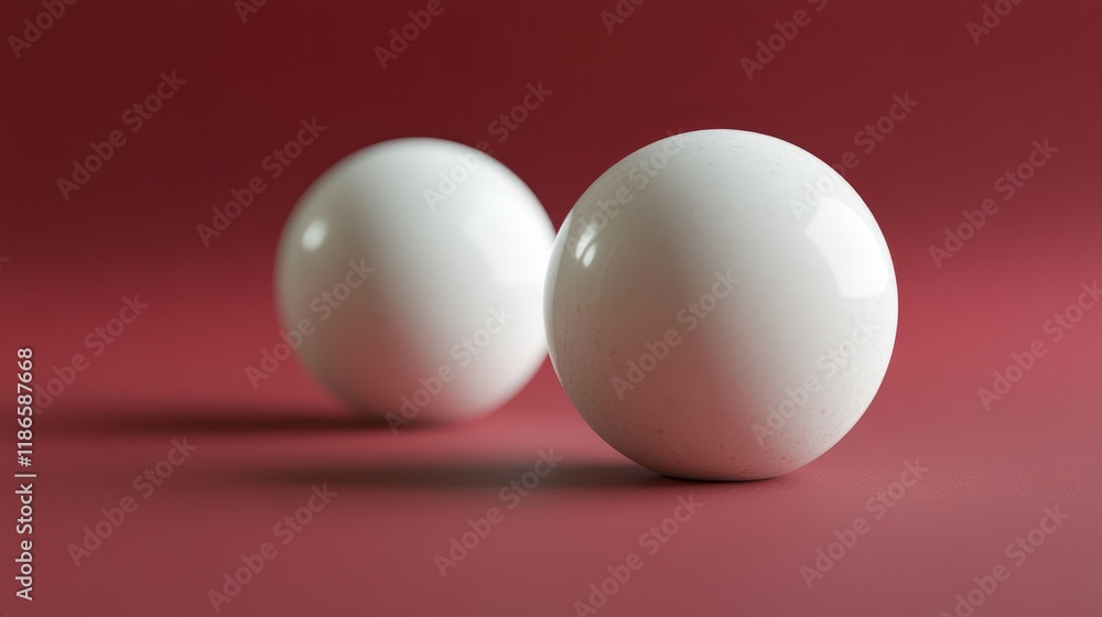 Poster two white spheres positioned with one slightly in front of the other against a red background for mi
