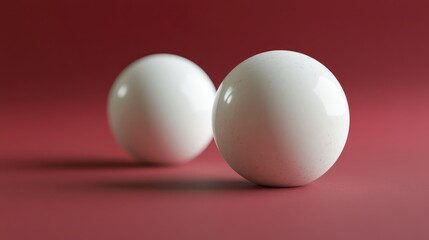 Fototapeta premium Two white spheres positioned with one slightly in front of the other against a red background for minimalistic design concepts.