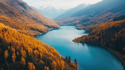 Aerial view of stunning autumn landscape with golden trees surrounding serene blue lake in mountainous valley ideal for text placement