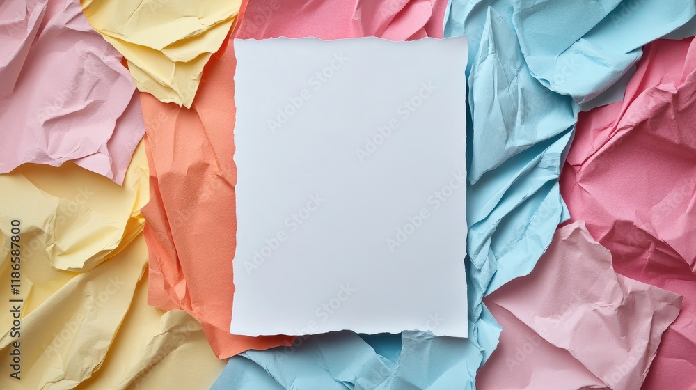 Aufkleber blank white paper in the center of crumpled colorful paper background for creative design and presen