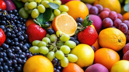 Colorful assortment of fresh fruits including oranges, grapes, strawberries, and more arranged in a vibrant and appetizing display