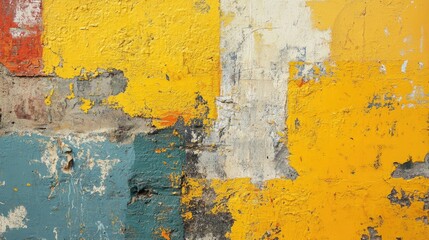 Vintage textured wall with bold yellow and orange paint, featuring weathered layers and an urban retro aesthetic. Perfect for backgrounds.