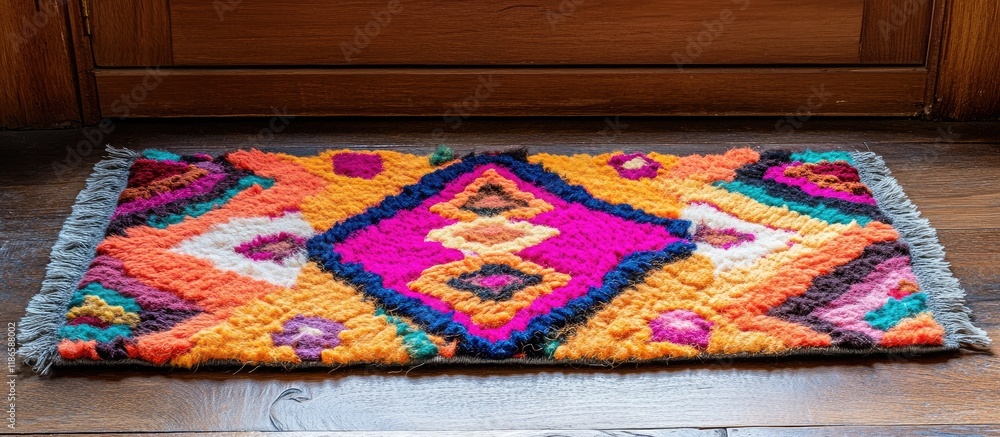 Poster Vibrant woolen doormat with intricate patterns ideal for enhancing home interior decor and adding a colorful touch to entrances