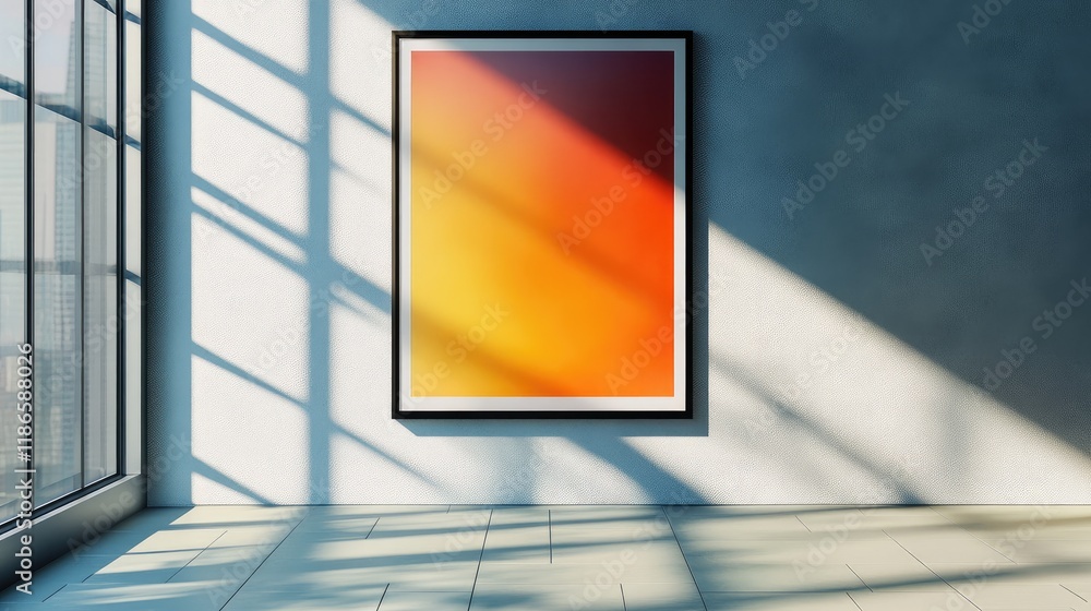 Poster stylish vertical wall-mounted poster frame with large windows creating shadows and depth in modern i