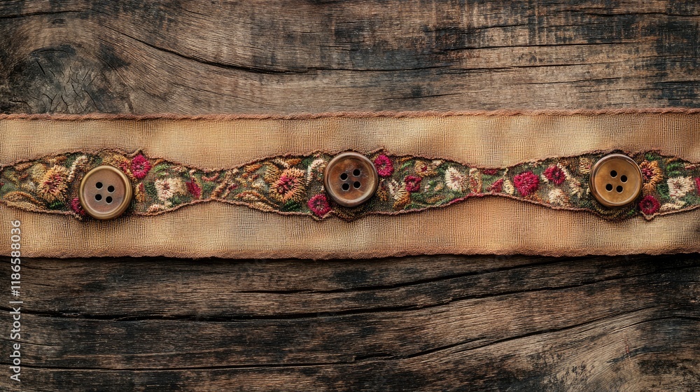 Aufkleber embroidered vintage ribbon with decorative buttons on rustic wooden surface background