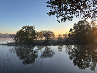 A calm lake with trees in the background