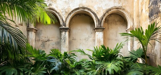 Tropical foliage frames weathered stone arches in a historic courtyard.