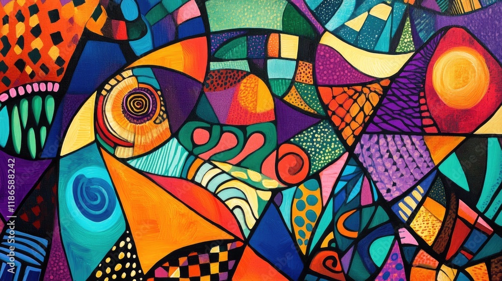 Poster vibrant abstract art with intricate linework and a colorful backdrop showcasing dynamic geometric pa