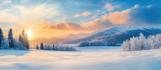 Breathtaking winter landscape with snowy mountains fields and trees under a vibrant sunrise ideal for winter themed backgrounds and nature themes