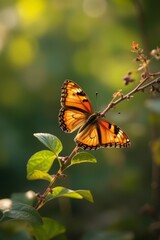 Butterfly perched delicately on twig, close-up, blurred background.