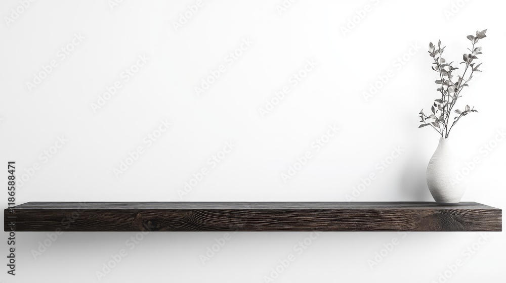 Poster elegant wooden shelf with minimalist decor showcasing empty space for product display on white backg