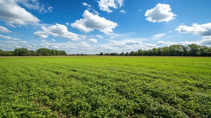 Vast Green Meadow Under Blue Sky with Fluffy Clouds Editorial Photography of Nature Landscape and Copy Space for Text