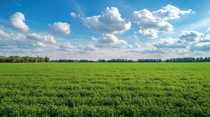 Vast green meadow under a bright blue sky with fluffy clouds showcasing nature's beauty and tranquility in an editorial landscape setting