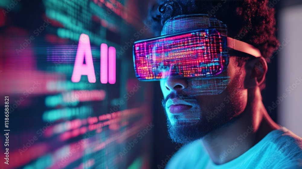 Aufkleber exploring the possibilities of ai, man wearing futuristic vr headset immersed in data and code.