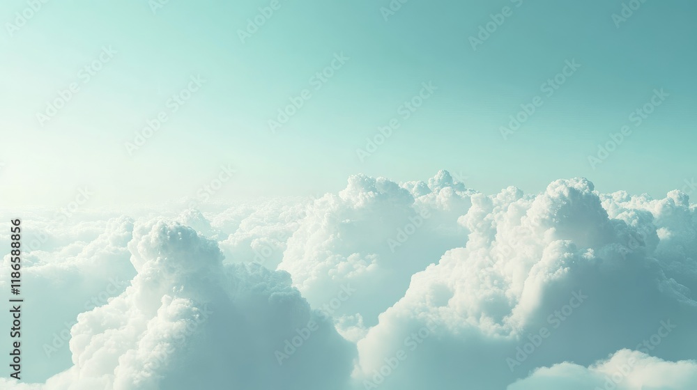 Poster serene sky with fluffy white clouds creating a tranquil atmosphere and ample empty copyspace for tex