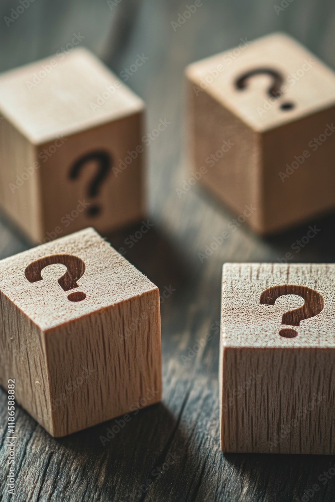Poster three wooden blocks with question marks, often used as a symbol of uncertainty or curiosity