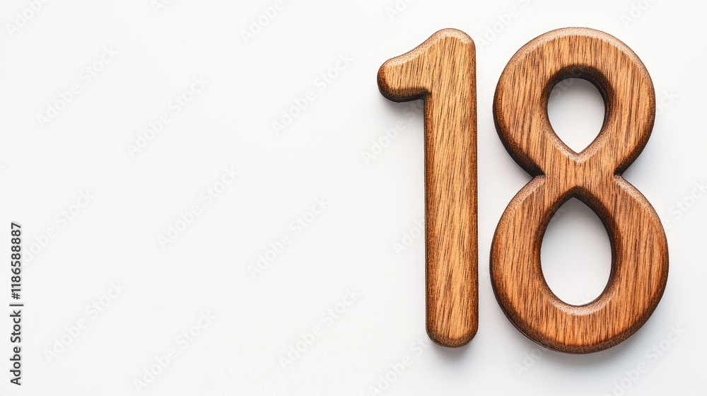 Poster wooden number eighteen on a white background with ample empty copyspace for text or design elements 