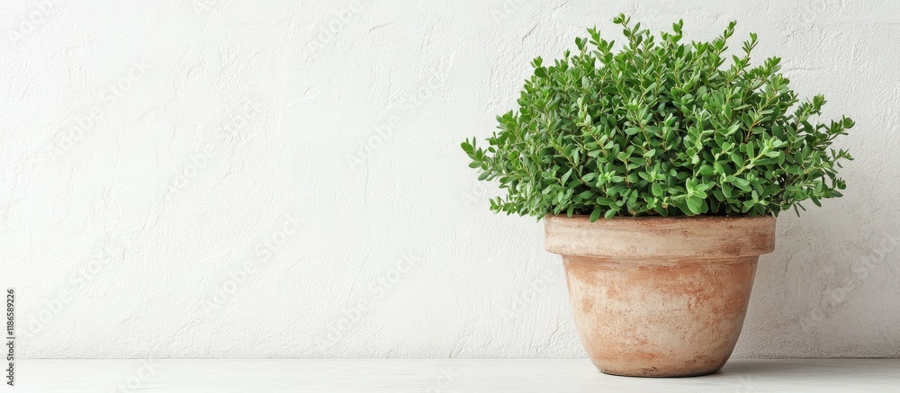 Poster vibrant green shrub in rustic clay pot on minimalist white background ideal for home decor and botan