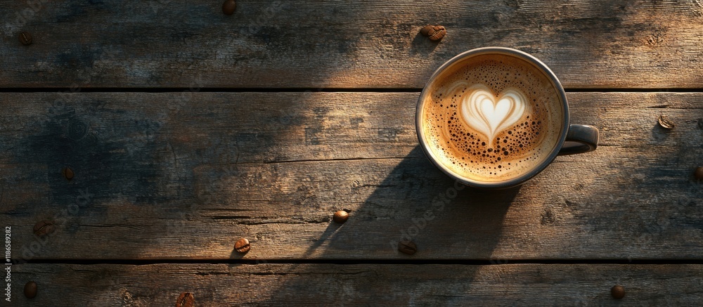 Poster Warm cup of coffee with heart latte art on rustic wooden table creating a cozy morning atmosphere for relaxation and enjoyment