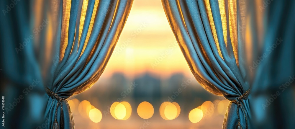 Poster elegant curtains drawn open to showcase a serene sunset view through the window with a soft dreamy b