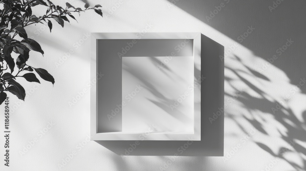 Poster minimalist white frame casting shadows on a white wall with foliage, highlighting natural light and 