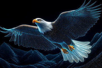 Fototapeta premium Glowing wireframe illustration of a majestic eagle soaring above mountains on a transparent background, highlighted by a combination of blue and black data points. 