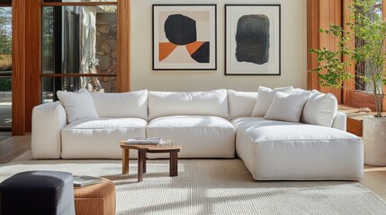 Elegant white sectional sofa in a contemporary living room with artwork and greenery enhancing the modern aesthetic