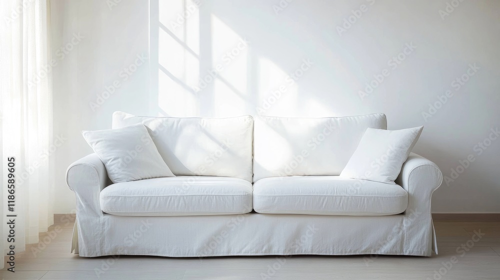 Poster bright white sofa in a minimalist interior with soft natural light and simple decor elements enhanci