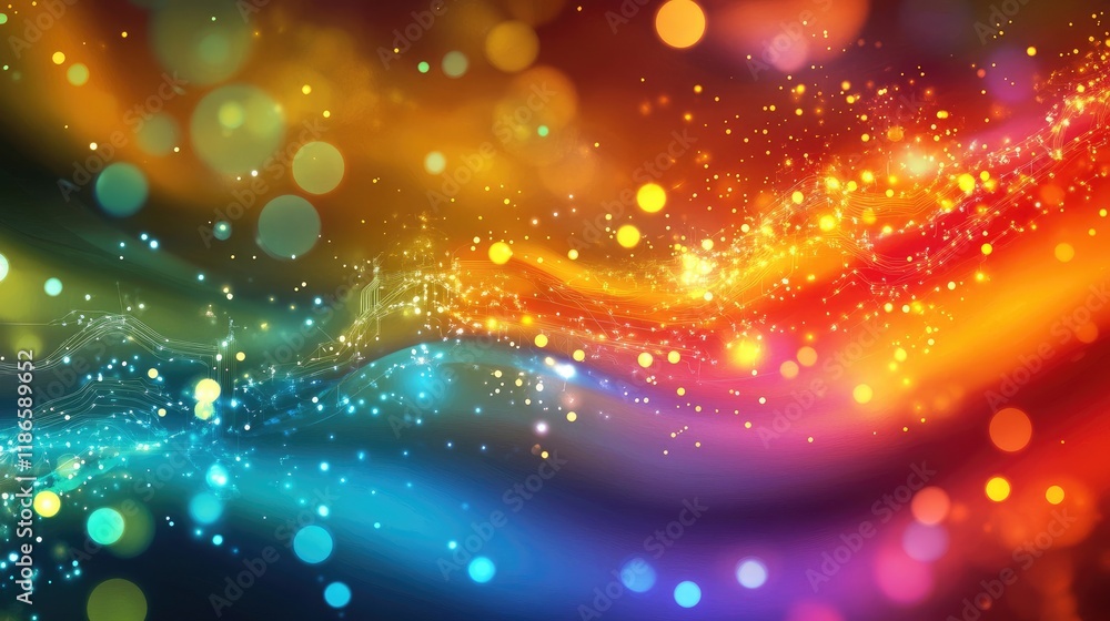 Poster colorful abstract background featuring dynamic waves and sparkling bokeh effects for technology and 