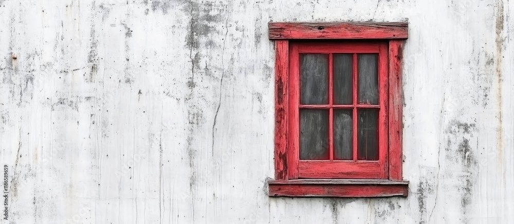 Poster Weathered red wooden window in white concrete wall highlighting rustic charm and architectural contrast in a timeless setting
